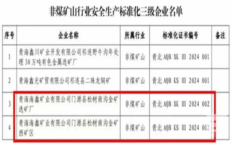 海鑫矿业松树南沟金矿被认定为非煤矿山安全生产标准化三级企业